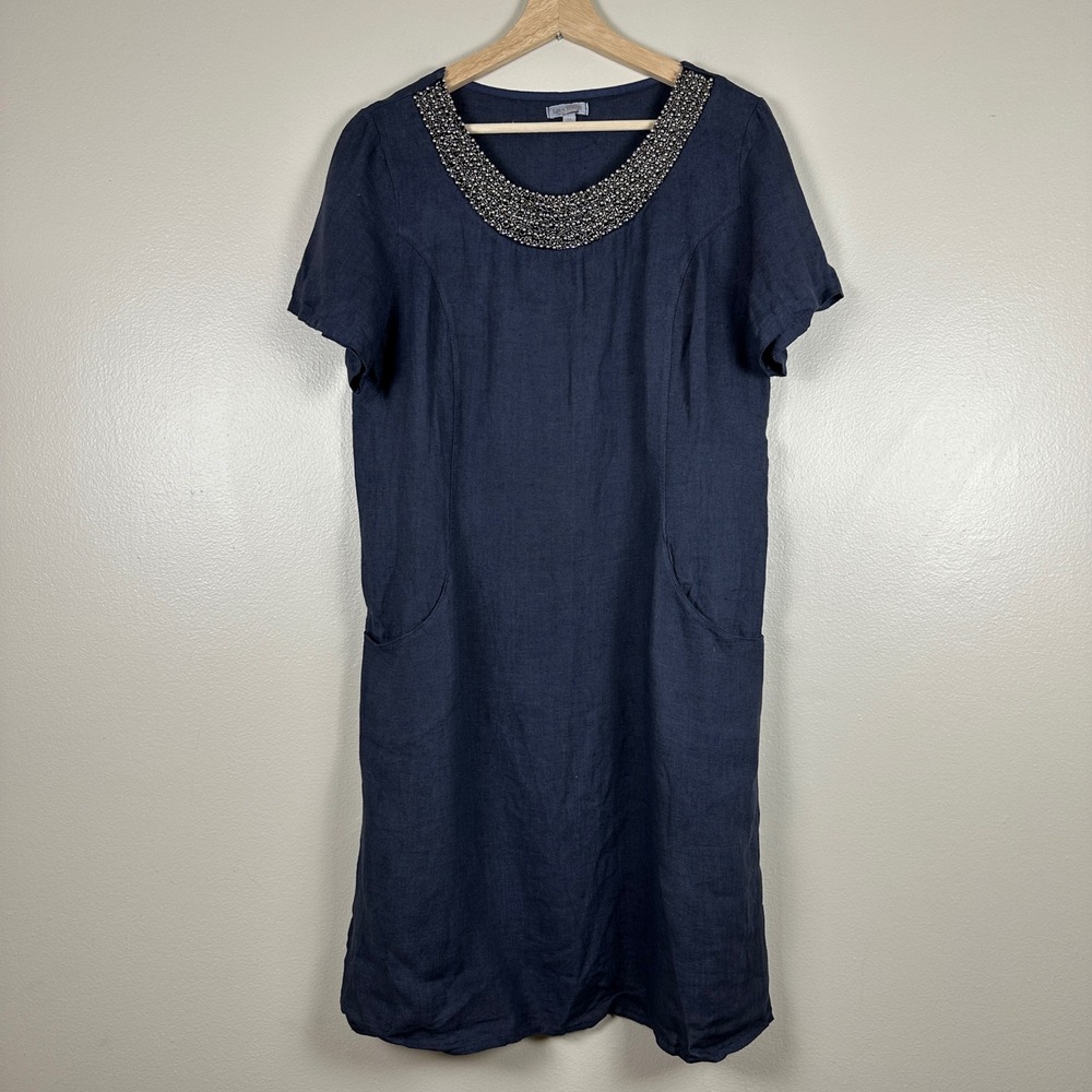Lina Tomei Women's M Shift Dress Navy Blue Linen Beaded Neckline Made in Italy